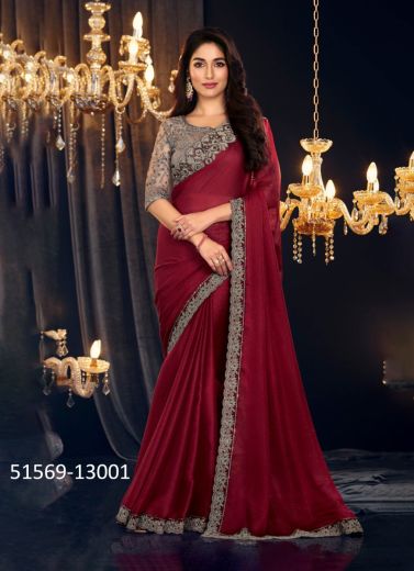 Crimson Red Georgette Zari Shimmer Embroidered Party-Wear Beautiful Saree