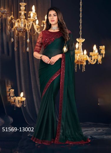 Bottle Green Georgette Zari Shimmer Embroidered Party-Wear Beautiful Saree