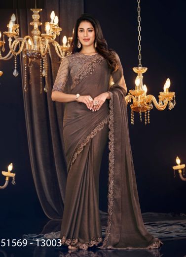 Coffee Brown Georgette Zari Shimmer Embroidered Party-Wear Beautiful Saree