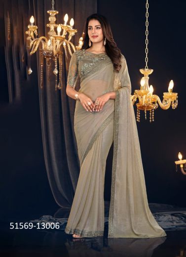Beige Georgette Zari Shimmer Embroidered Party-Wear Beautiful Saree