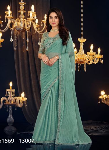 Light Teal Blue Georgette Zari Shimmer Embroidered Party-Wear Beautiful Saree