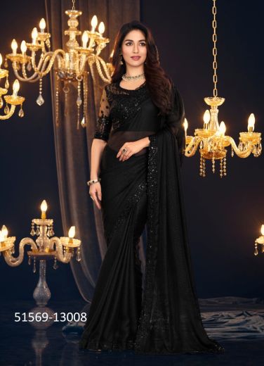 Black Georgette Zari Shimmer Embroidered Party-Wear Beautiful Saree