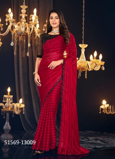 Red Georgette Satin Stripe Embroidered Party-Wear Beautiful Saree