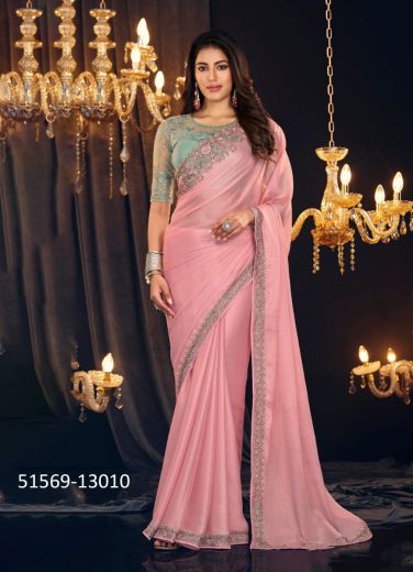 Pink Georgette Zari Shimmer Embroidered Party-Wear Beautiful Saree