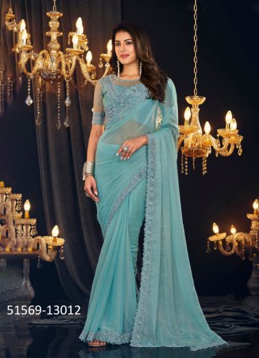 Light Blue Georgette Zari Shimmer Embroidered Party-Wear Beautiful Saree