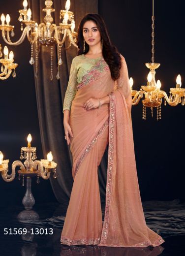 Salmon Georgette Zari Shimmer Embroidered Party-Wear Beautiful Saree