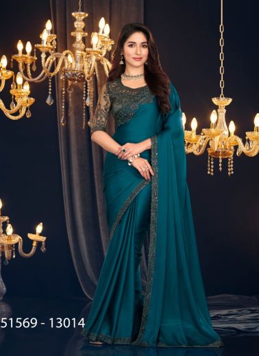 Teal Blue Two Tone Georgette Embroidered Party-Wear Beautiful Saree