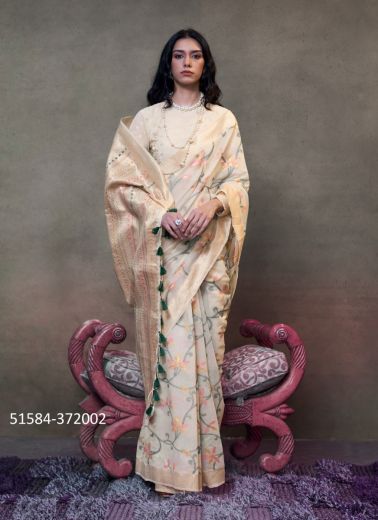 Bone White Cotton Woven Handloom Saree For Traditional / Religious Occasions