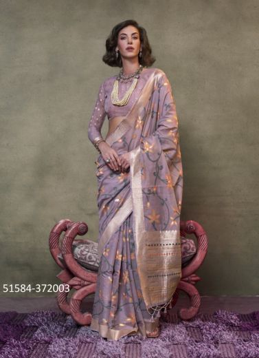 Lilac Cotton Woven Handloom Saree For Traditional / Religious Occasions