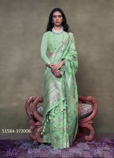 Mint Green Cotton Woven Handloom Saree For Traditional / Religious Occasions
