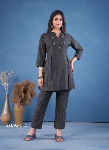 Black Pure Cotton Thread-Work Party-Wear Readymade Co-Ord Set