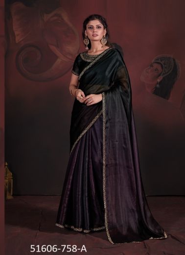 Black & Purple Satin Georgette Swarovski Work Festive-Wear Beautiful Saree