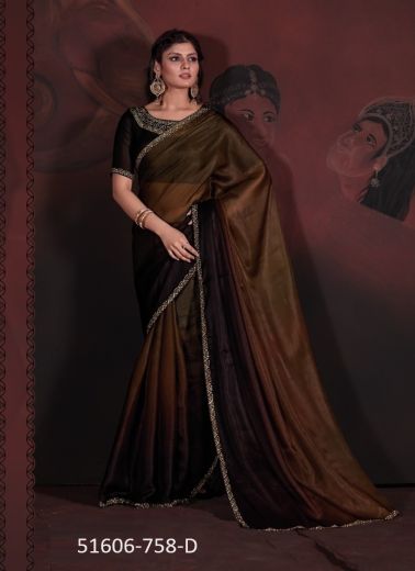 Dark Copper Brown Satin Georgette Swarovski Work Festive-Wear Beautiful Saree