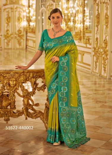 Olive Green Woven Banarasi Silk Saree For Traditional / Religious Occasions