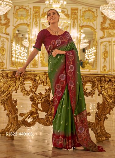 Parrot Green Woven Banarasi Silk Saree For Traditional / Religious Occasions