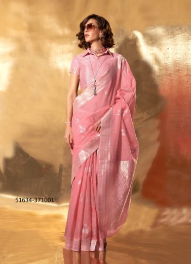 Baby Pink Linen Woven Handloom Saree For Traditional / Religious Occasions