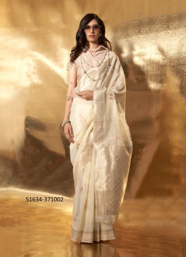 Light Cream Linen Woven Handloom Saree For Traditional / Religious Occasions
