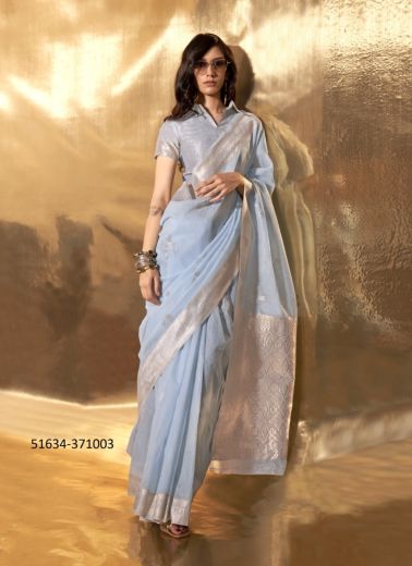 Light Blue Linen Woven Handloom Saree For Traditional / Religious Occasions