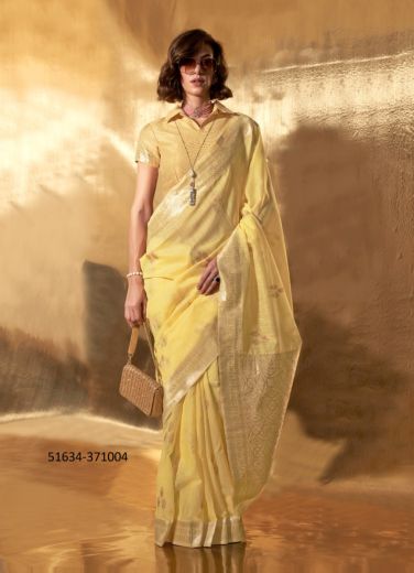 Yellow Linen Woven Handloom Saree For Traditional / Religious Occasions