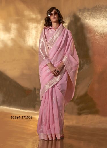 Pink Linen Woven Handloom Saree For Traditional / Religious Occasions
