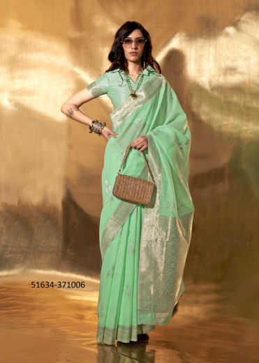 Mint Green Linen Woven Handloom Saree For Traditional / Religious Occasions