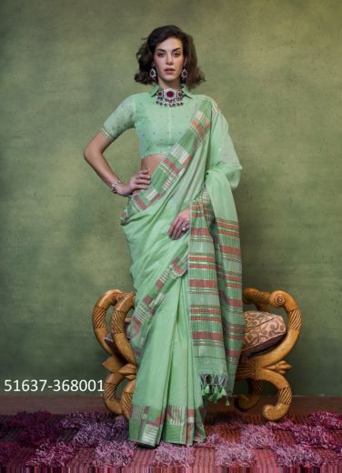 Mint Green Cotton Woven Handloom Saree For Traditional / Religious Occasions