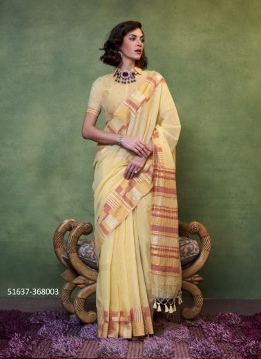 Yellow Cotton Woven Handloom Saree For Traditional / Religious Occasions