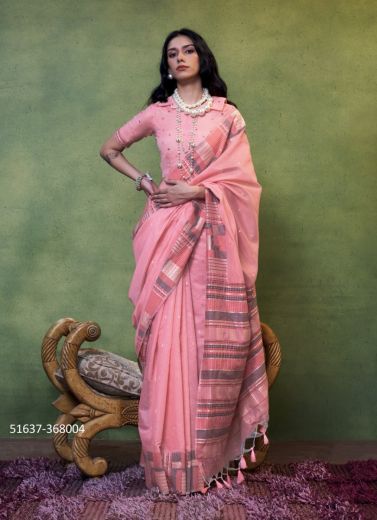 Pink Cotton Woven Handloom Saree For Traditional / Religious Occasions