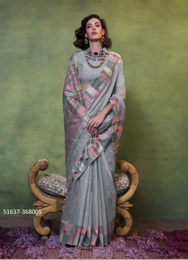 Gray Cotton Woven Handloom Saree For Traditional / Religious Occasions