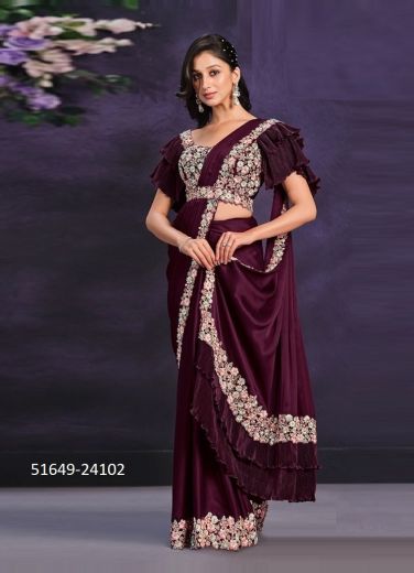 Purple Crape Satin Silk Handwork Wedding-Wear Saree With Belt