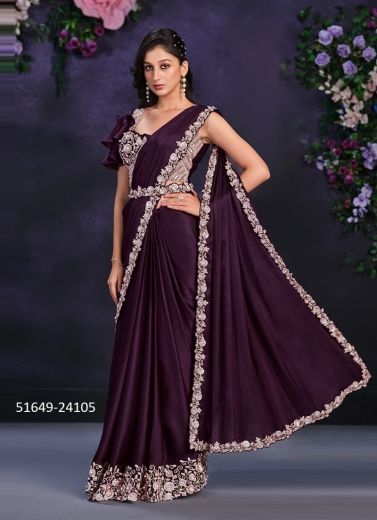 Dark Purple Crape Satin Silk Handwork Wedding-Wear Saree With Belt