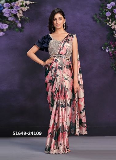 Pink Satin Silk Handwork Wedding-Wear Saree With Belt