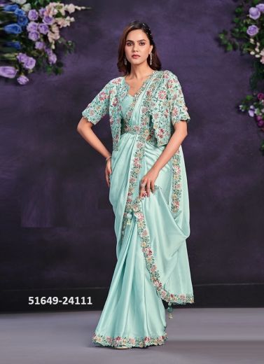 Light Blue Crape Satin Silk Handwork Wedding-Wear Saree With Belt