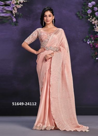 Light Pink Crape Satin Silk Handwork Wedding-Wear Saree With Belt