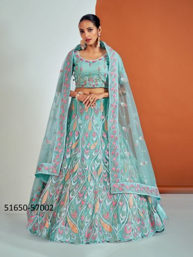 Light Teal Blue Net Sequins-Work Wedding-Wear Girlish Lehenga Choli