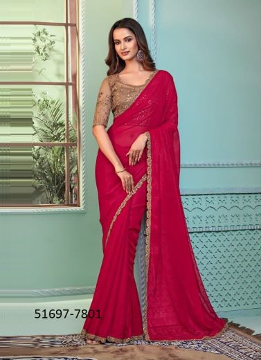 Crimson Red Georgette Embroidered Party-Wear Beautiful Saree