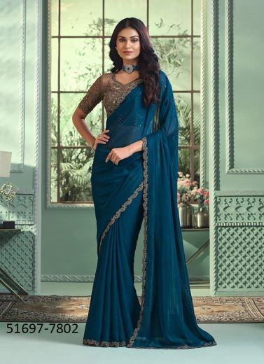Sea Blue Georgette Embroidered Party-Wear Beautiful Saree