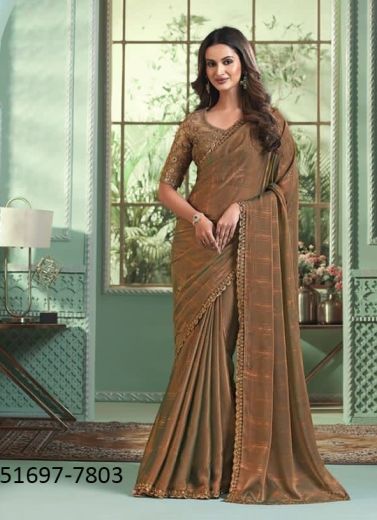 Brown Georgette Silk Embroidered Party-Wear Beautiful Saree