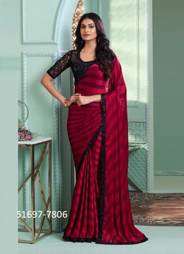 Cherry Red Silk Embroidered Party-Wear Beautiful Saree