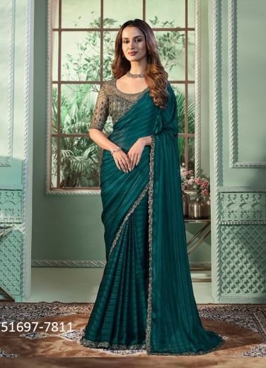 Teal Blue Georgette Silk Embroidered Party-Wear Beautiful Saree