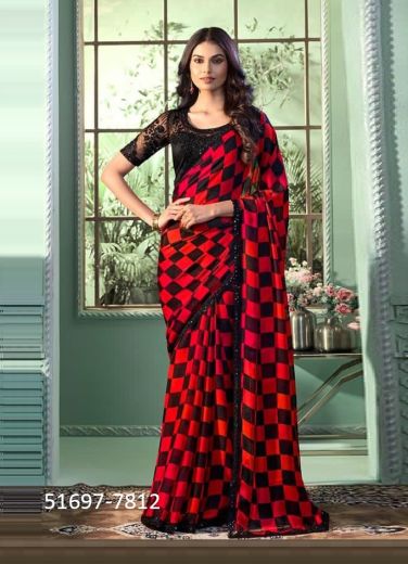 Red & Black Chiffon Embroidered Party-Wear Beautiful Saree