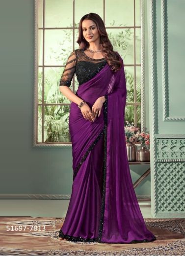 Purple Georgette Silk Embroidered Party-Wear Beautiful Saree
