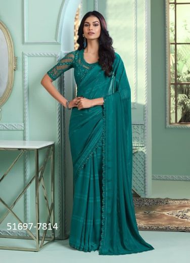 Teal Blue Chiffon Embroidered Party-Wear Beautiful Saree