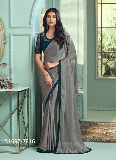 Gray Georgette Silk Embroidered Party-Wear Beautiful Saree