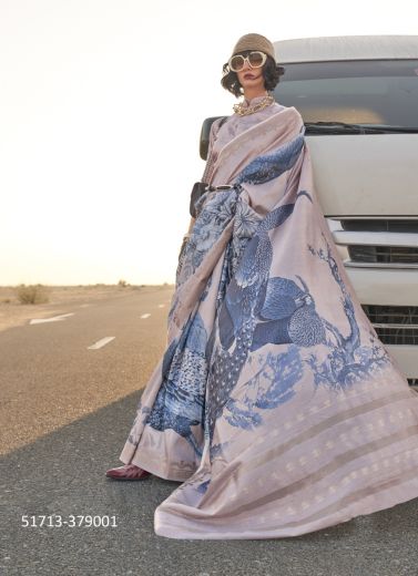 Light Pink & Blue Tussar Silk Digitally Printed Saree For Kitty Parties
