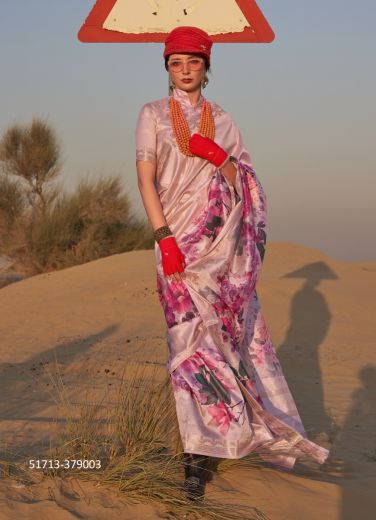 Light Pink Tussar Silk Digitally Printed Saree For Kitty Parties