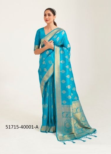 Sky Blue Woven Silk Handloom Saree For Traditional / Religious Occasions