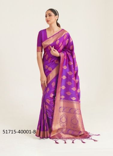 Violet Woven Silk Handloom Saree For Traditional / Religious Occasions