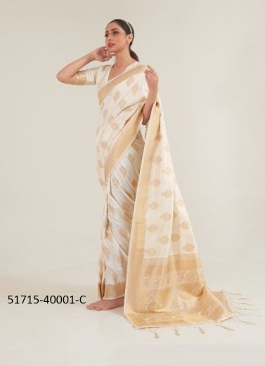 White Woven Silk Handloom Saree For Traditional / Religious Occasions