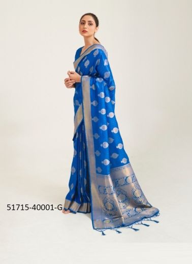 Royal Blue Woven Silk Handloom Saree For Traditional / Religious Occasions